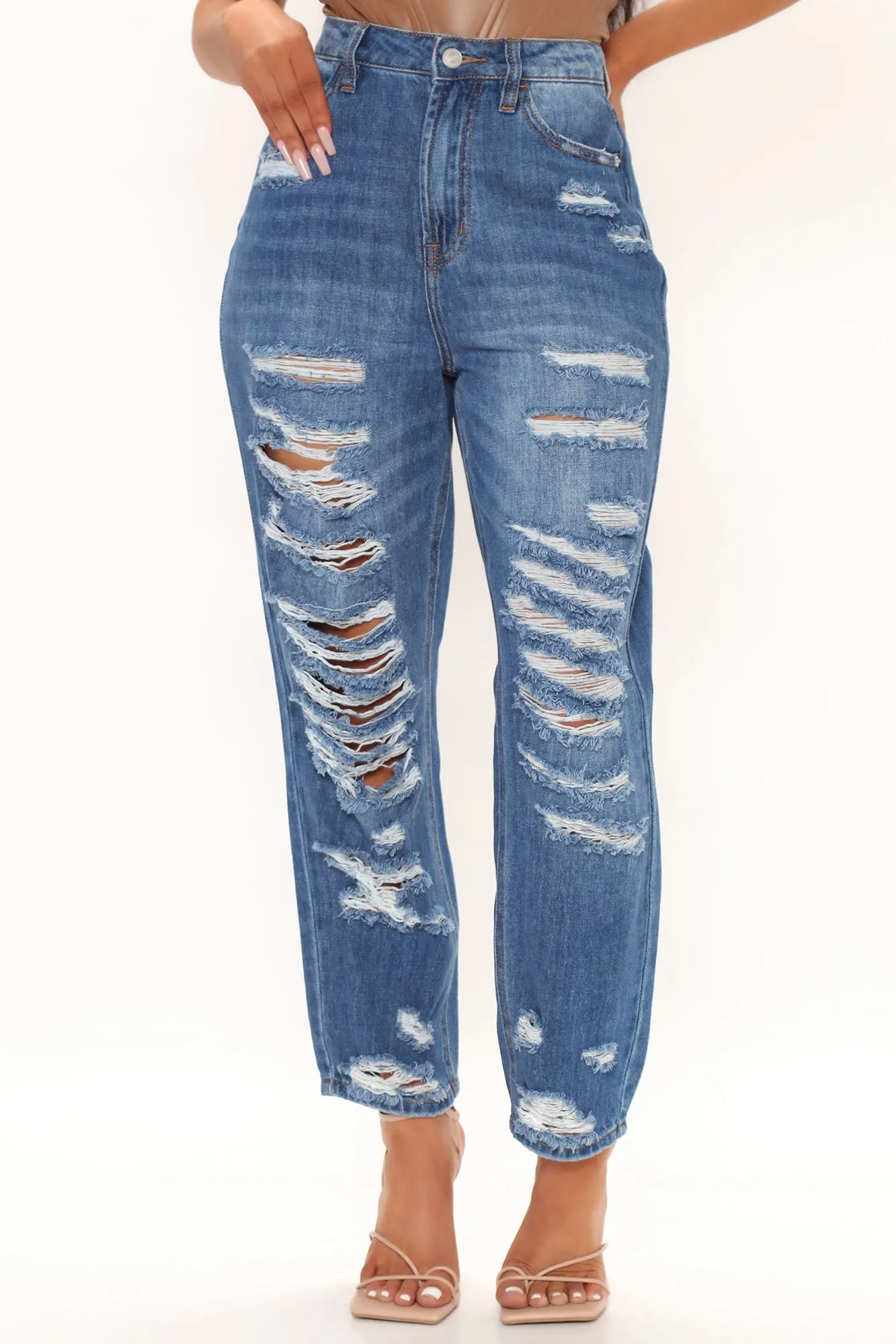 After Party High Waist Destroyed Mom Jeans - Dark Wash