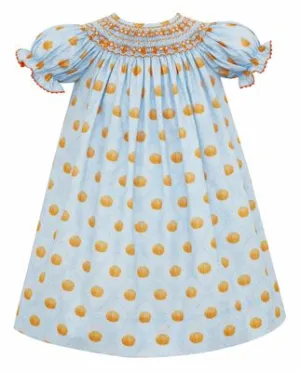 Alison Smocked Light Blue Pumpkin Print Short Sleeve Bishop Dress - Select Size
