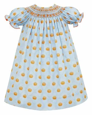 Alison Smocked Light Blue Pumpkin Print Short Sleeve Bishop Dress - Select Size