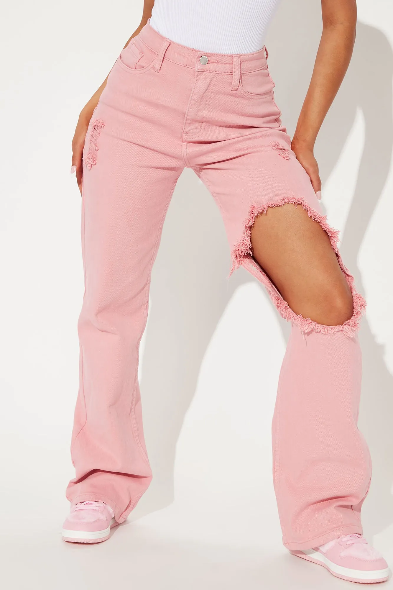 Arm Candy High Rise Ripped Straight Leg Jeans - Pink