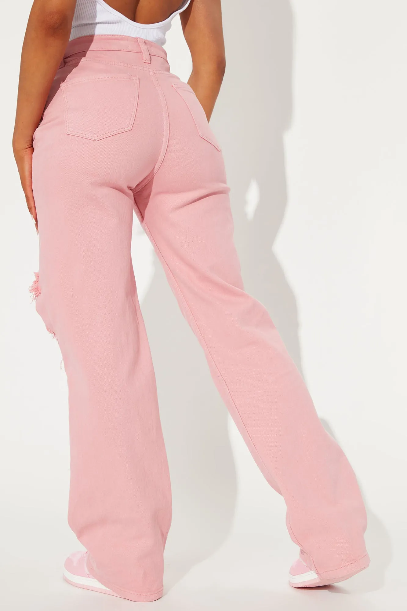 Arm Candy High Rise Ripped Straight Leg Jeans - Pink