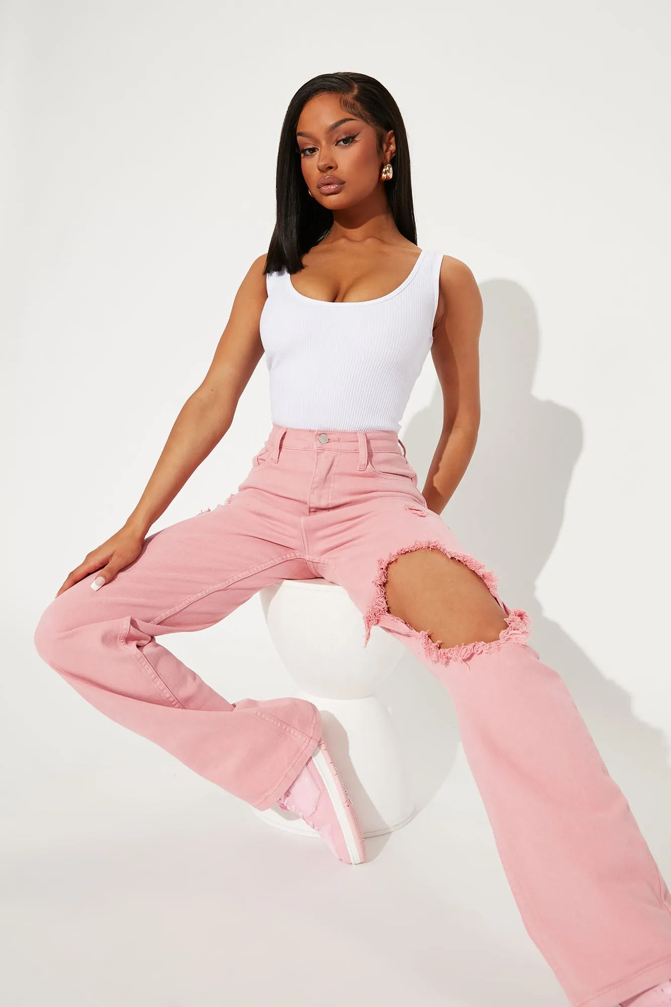 Arm Candy High Rise Ripped Straight Leg Jeans - Pink