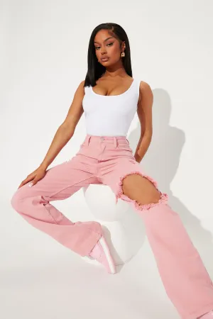 Arm Candy High Rise Ripped Straight Leg Jeans - Pink
