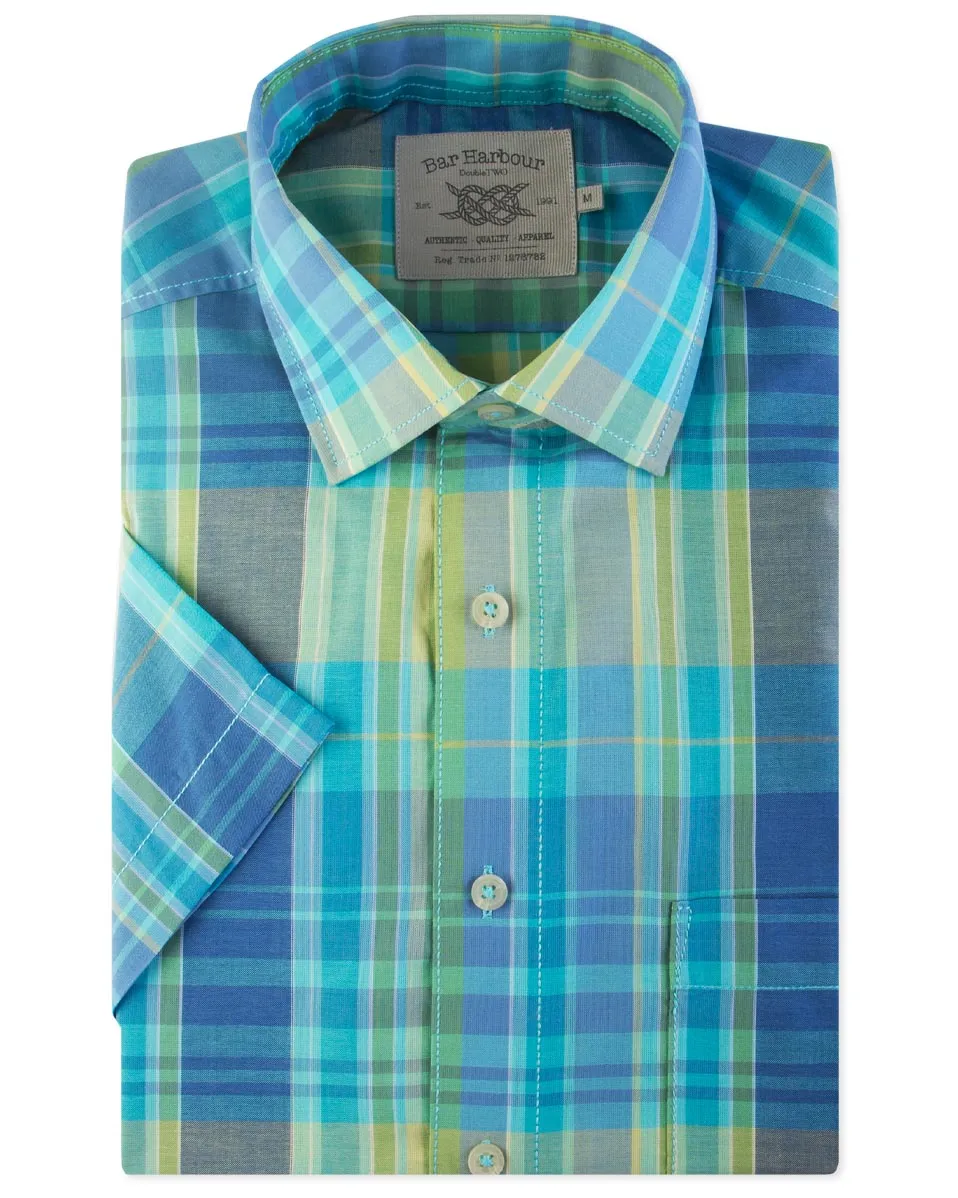 Bar Harbour Short Sleeve Check Rainbow Aqua Blue Shirt Big and Tall