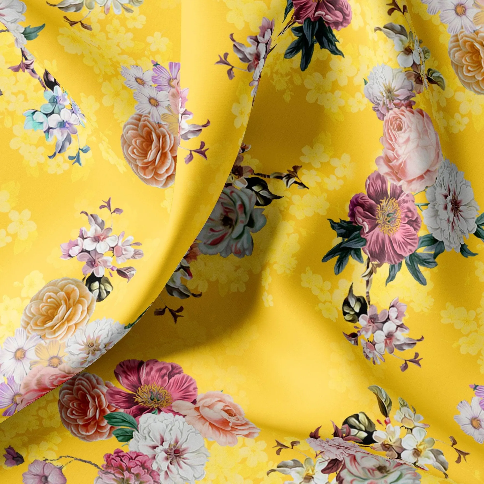 Beautiful Yellow Base Floral Bunch Digital Printed Fabric