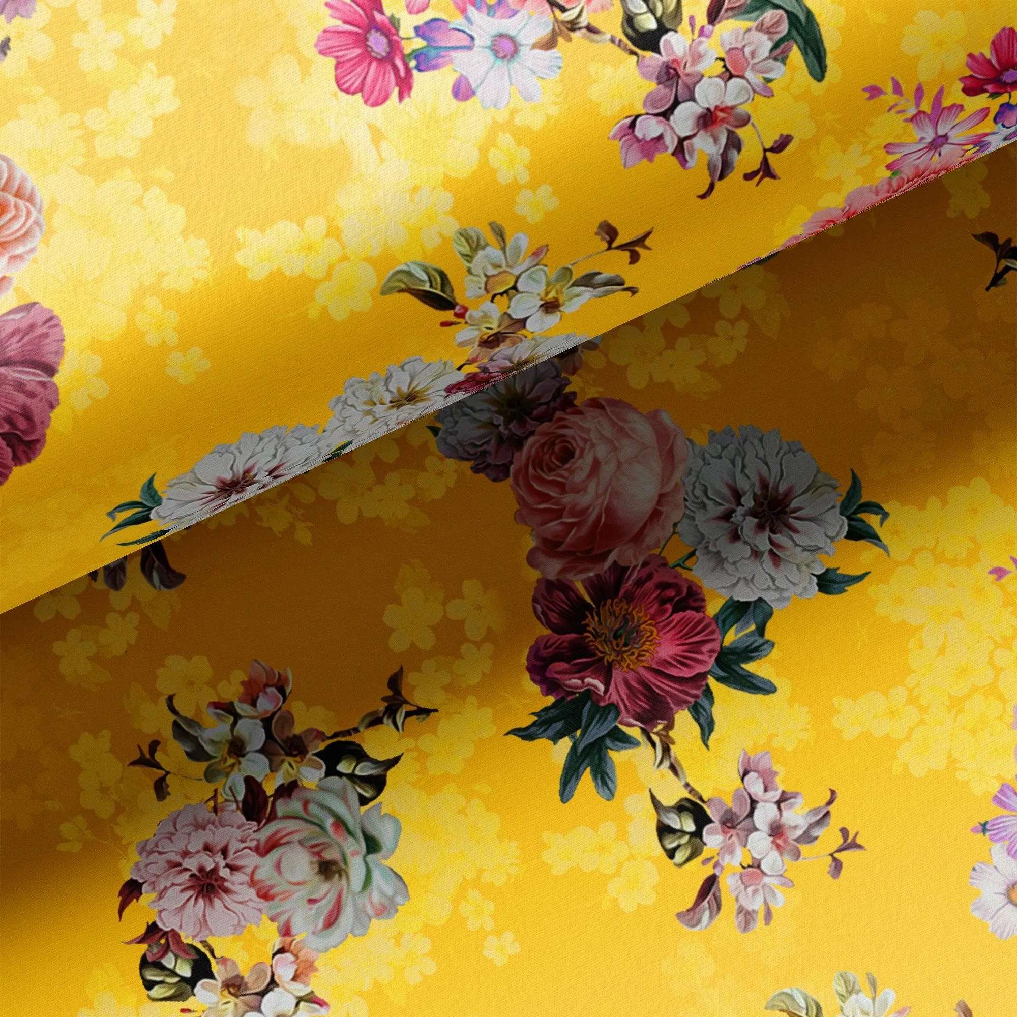 Beautiful Yellow Base Floral Bunch Digital Printed Fabric
