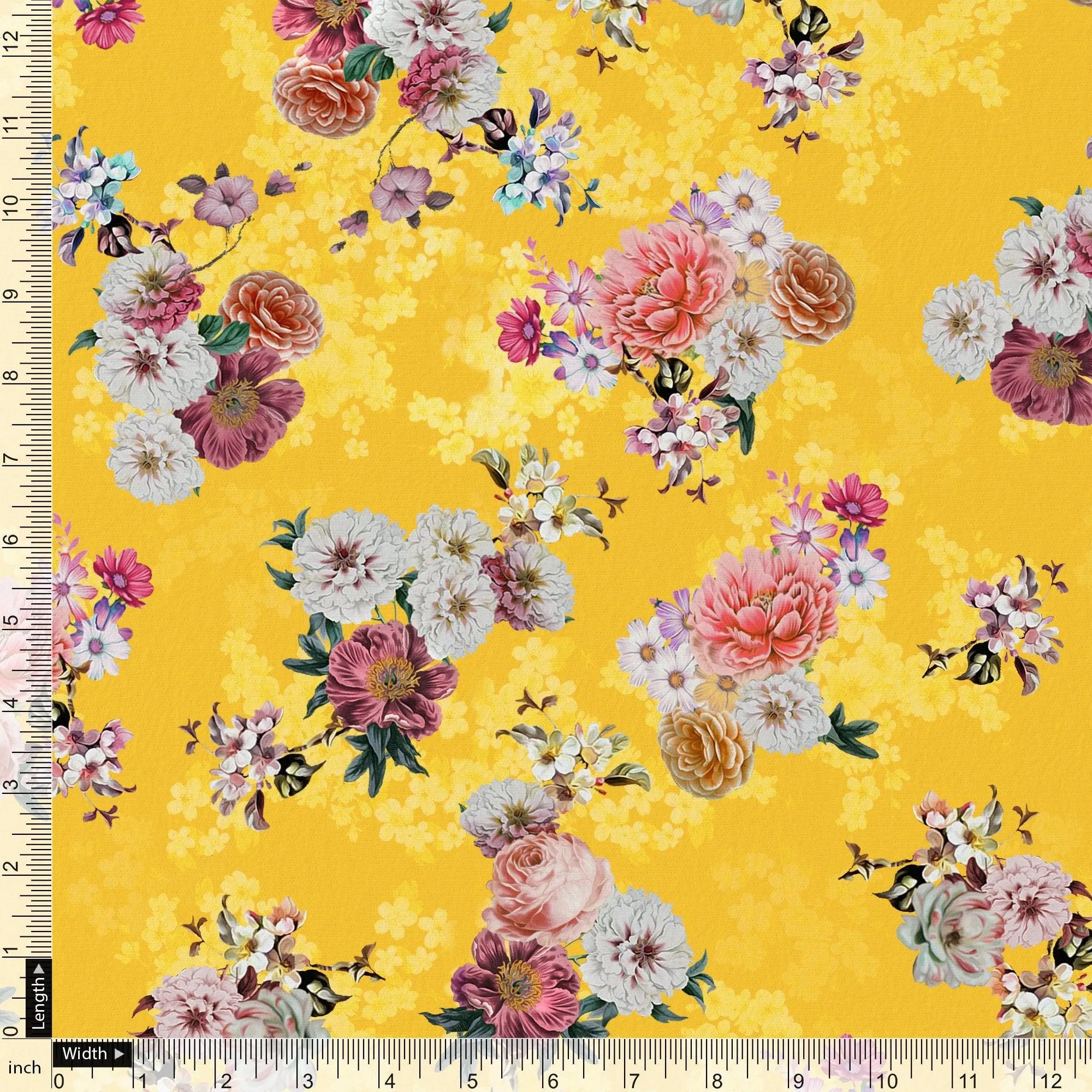 Beautiful Yellow Base Floral Bunch Digital Printed Fabric