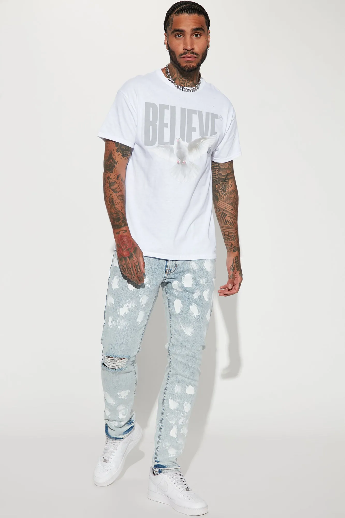 Bleached Distressed Slim Jeans - Light Wash