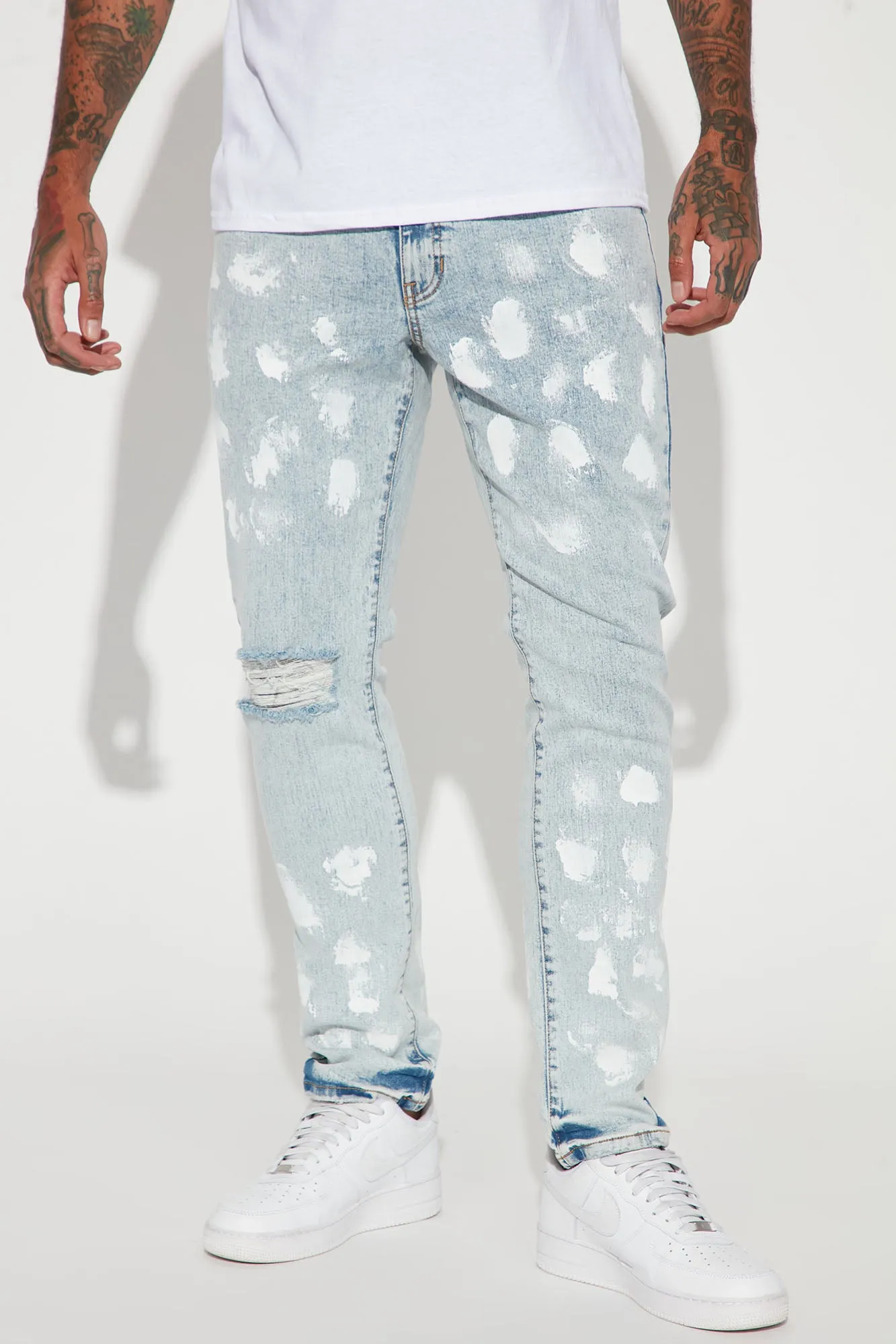 Bleached Distressed Slim Jeans - Light Wash