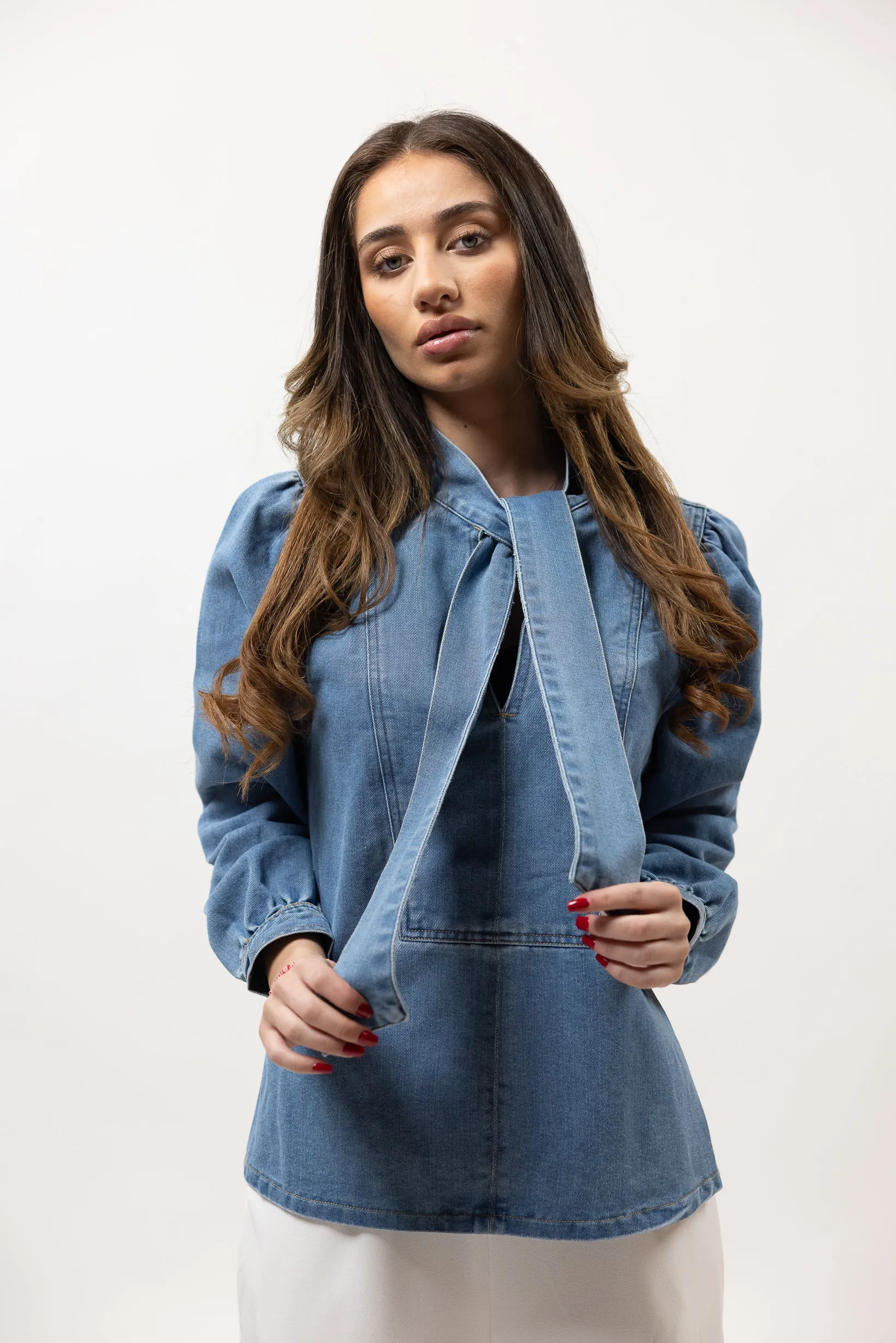 Denim Bow Tie Blouse