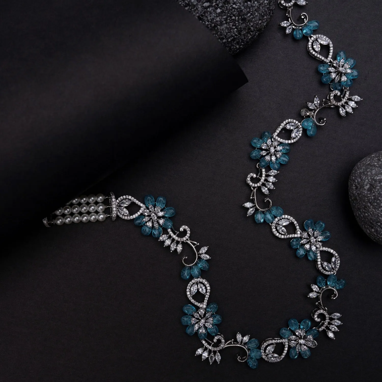 Floral Petal CZ Aqua Beads Necklace