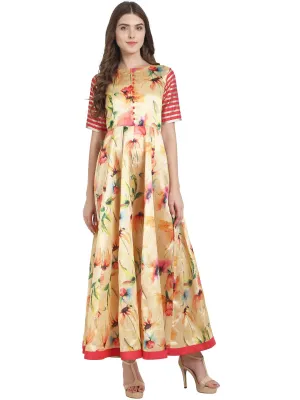 Floral Printed Dupion Silk Anarkali With Solid Two Tone Pink Dupion Sleeves With All Over Gota Lines On The Sleeves