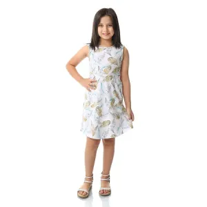 Girls' Cotton Short Dress With Floral Patterns - White