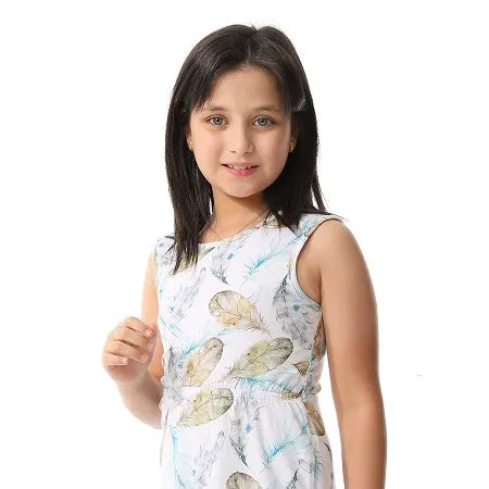 Girls' Cotton Short Dress With Floral Patterns - White