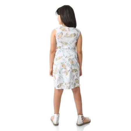 Girls' Cotton Short Dress With Floral Patterns - White