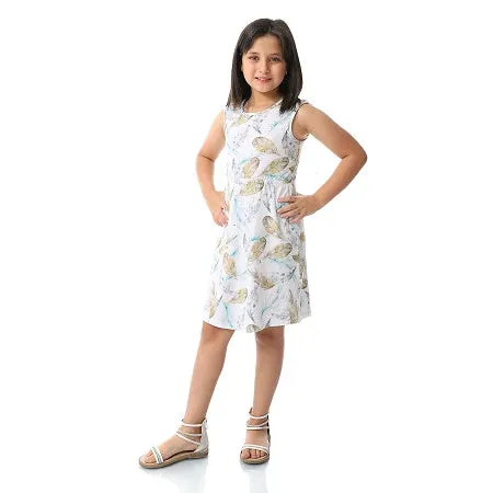 Girls' Cotton Short Dress With Floral Patterns - White