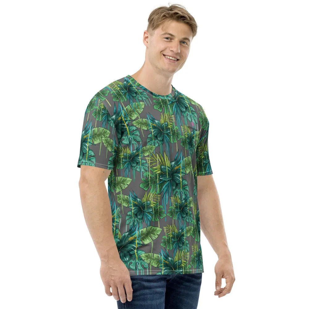 Grey Tropical Leaf Men's T-shirt, Gray Green Hawaiian Style Premium Tee For Men-Made in USA/EU