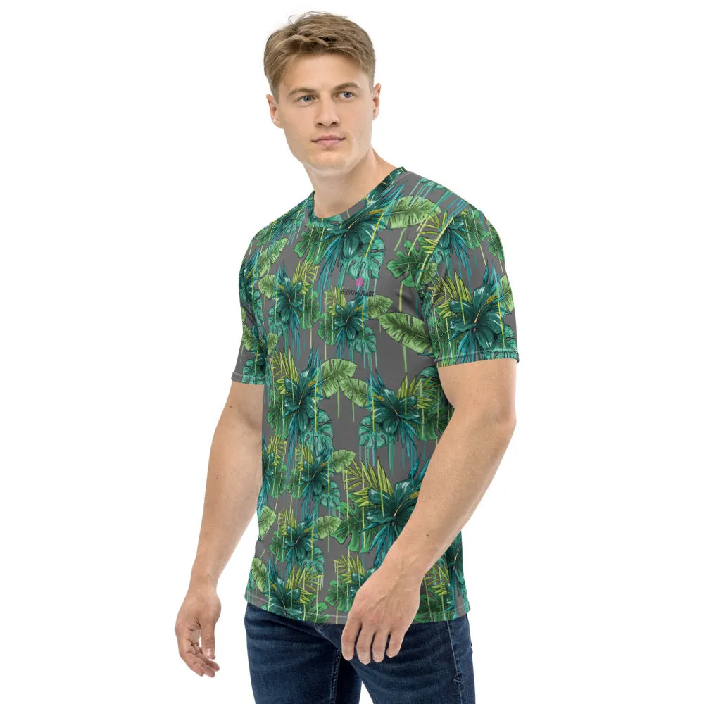 Grey Tropical Leaf Men's T-shirt, Gray Green Hawaiian Style Premium Tee For Men-Made in USA/EU