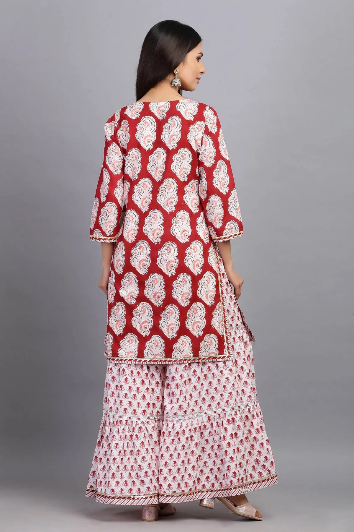 Hand block printed Red Short Kurta with matching Sharara