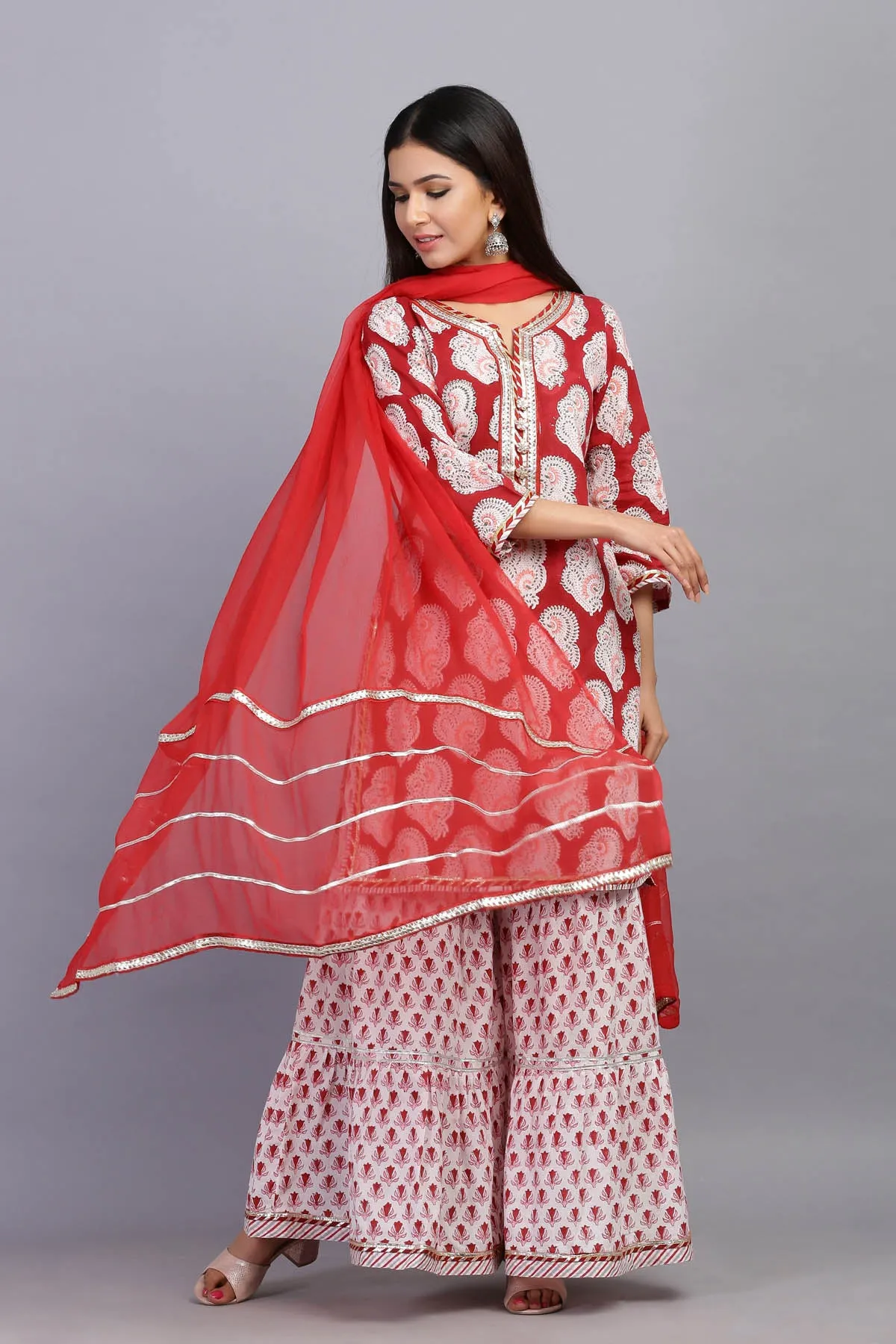 Hand block printed Red Short Kurta with matching Sharara