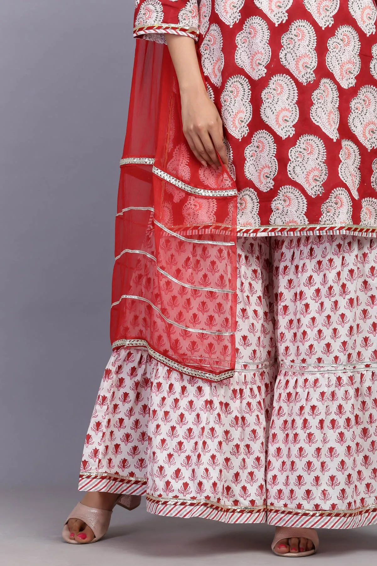 Hand block printed Red Short Kurta with matching Sharara