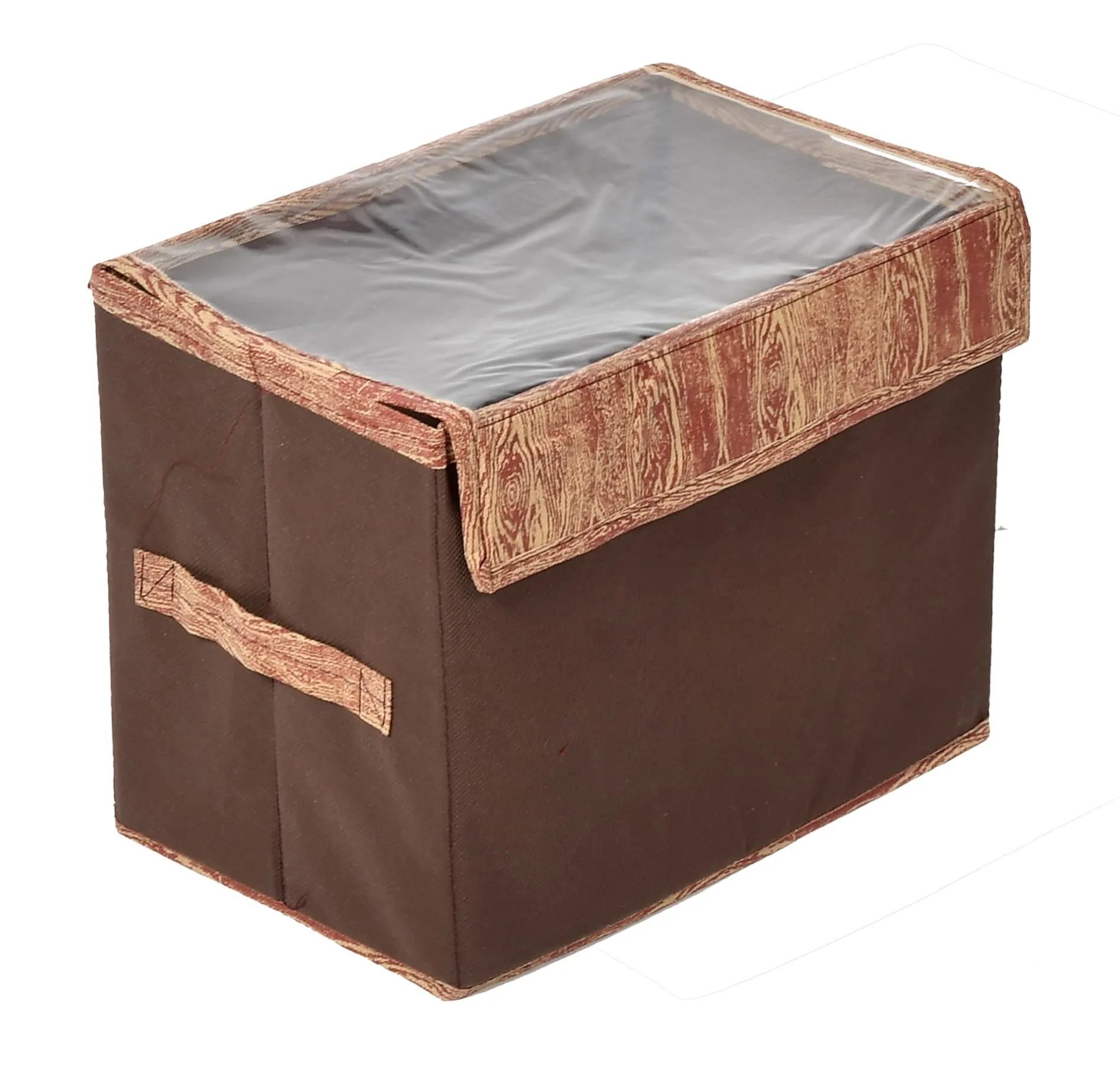 Heart Home Wooden Design Multiuses 3 Different Sizes Non-Woven Storage Box/Organizer With Tranasparent Lid- Set of 3 (Brown) -44HH0447