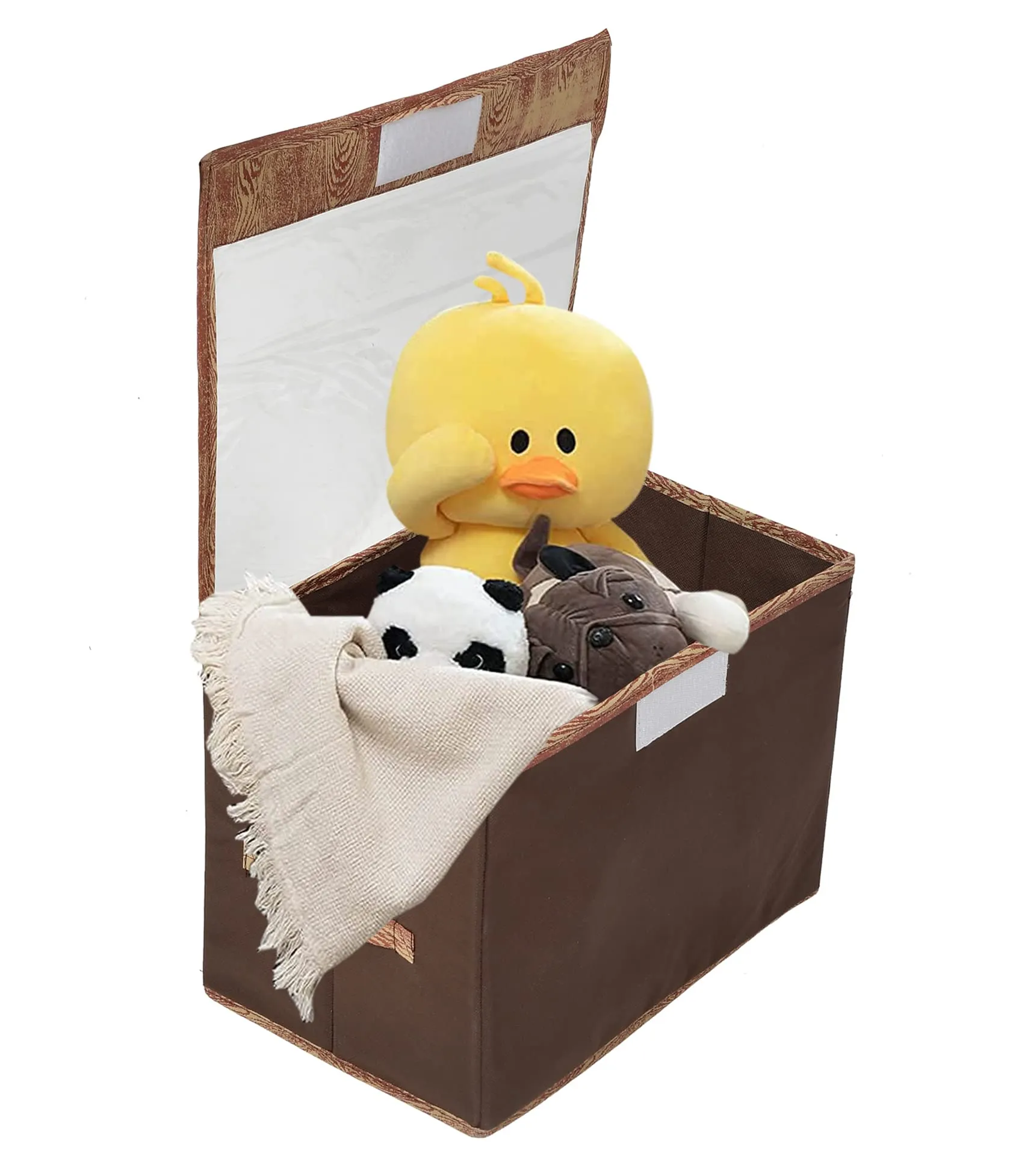 Heart Home Wooden Design Multiuses 3 Different Sizes Non-Woven Storage Box/Organizer With Tranasparent Lid- Set of 3 (Brown) -44HH0447