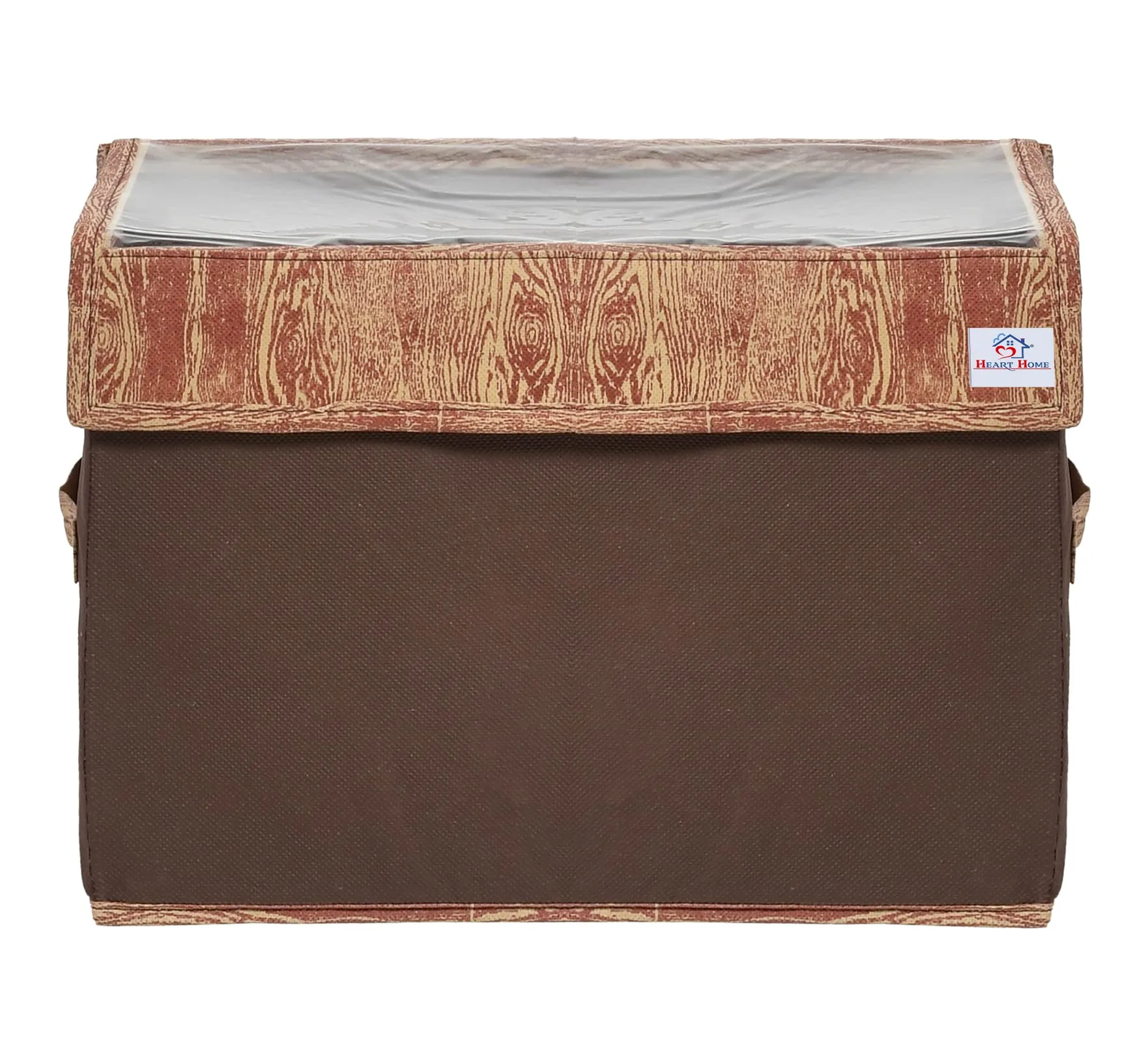 Heart Home Wooden Design Multiuses 3 Different Sizes Non-Woven Storage Box/Organizer With Tranasparent Lid- Set of 3 (Brown) -44HH0447