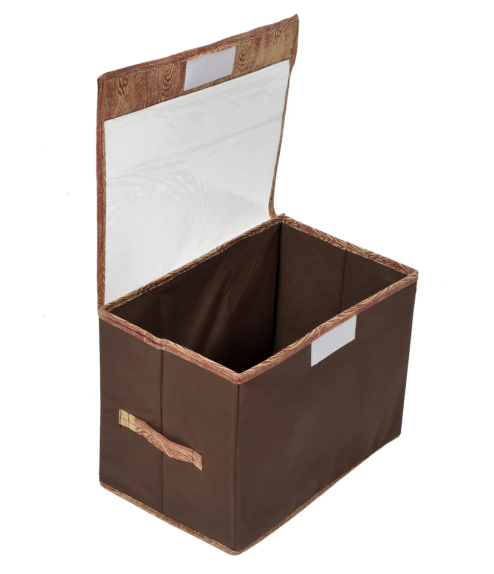 Heart Home Wooden Design Multiuses 3 Different Sizes Non-Woven Storage Box/Organizer With Tranasparent Lid- Set of 3 (Brown) -44HH0447