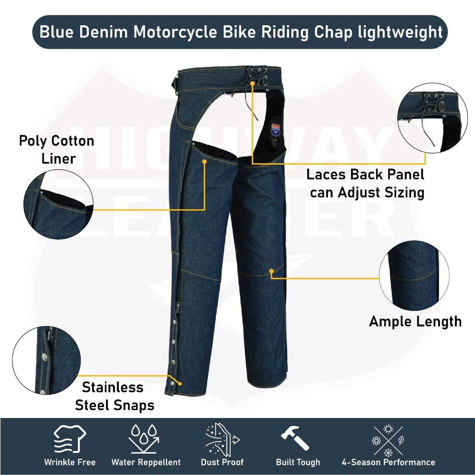 HL21836 BLUE Denim Chap lightweight Motorcycle Style Riding Chaps - Blue PRIDE DENIM CHAPS