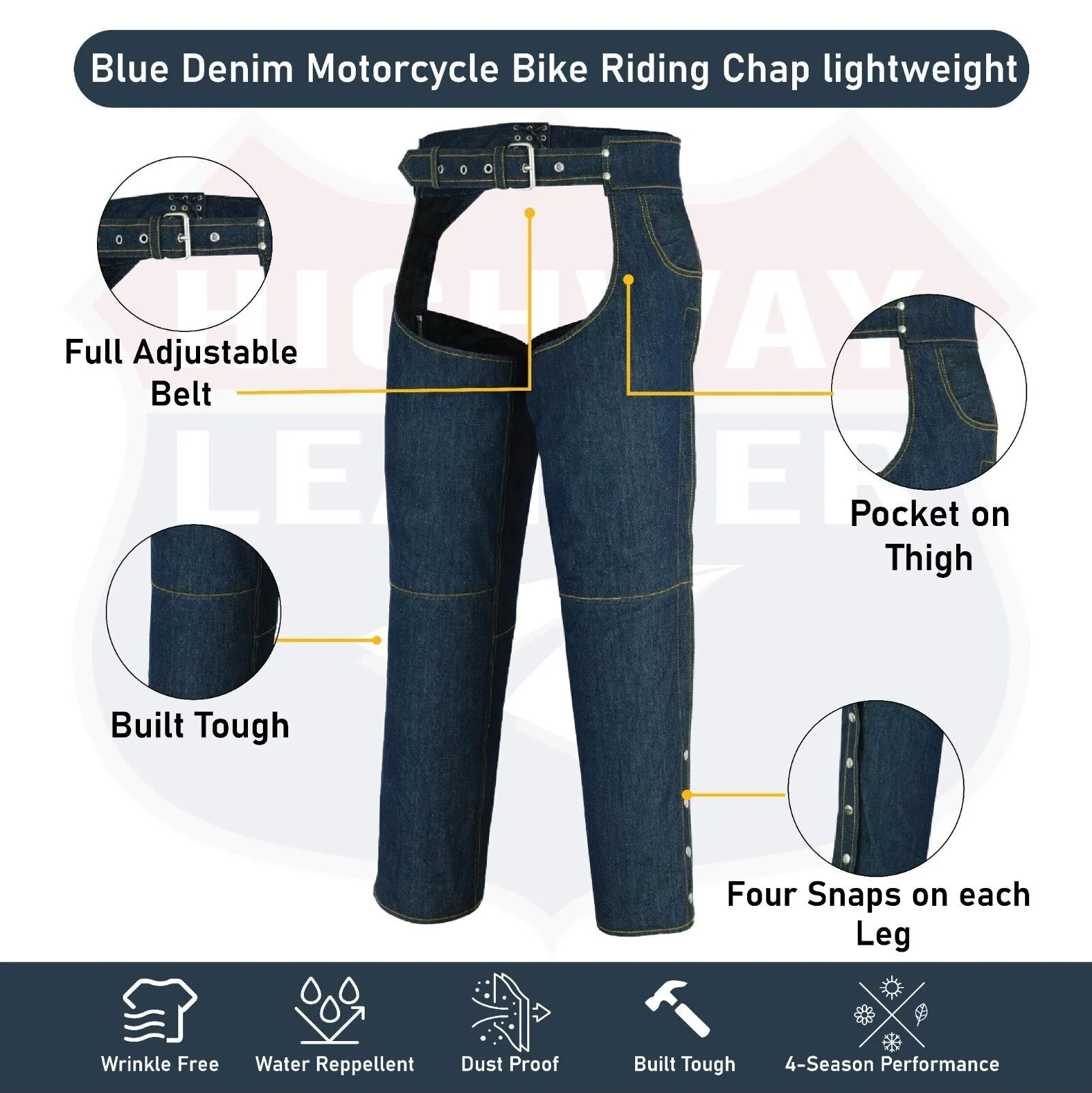 HL21836 BLUE Denim Chap lightweight Motorcycle Style Riding Chaps - Blue PRIDE DENIM CHAPS