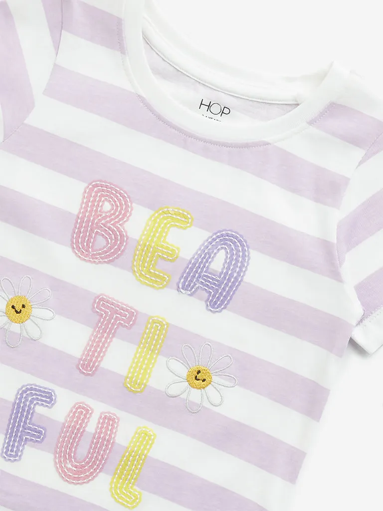 HOP Kids Lilac Stripe Printed Cotton T-Shirt