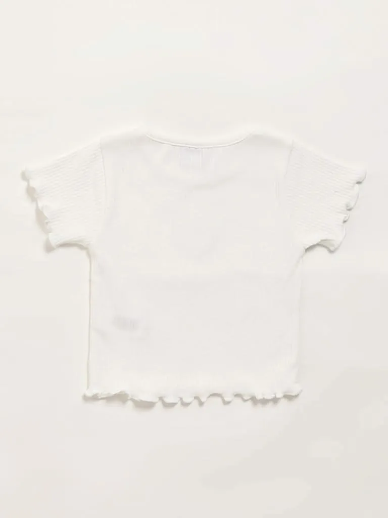 HOP Kids White Self-Striped Top
