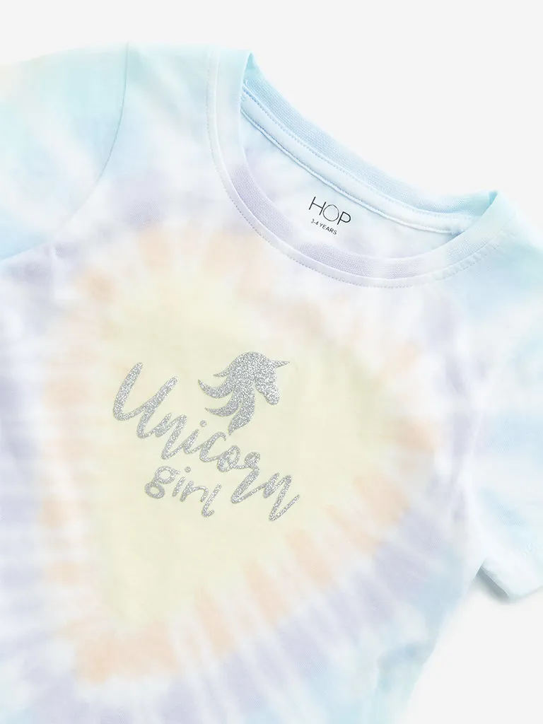 HOP Kids Yellow Tie-Dye Printed Cotton T-Shirt