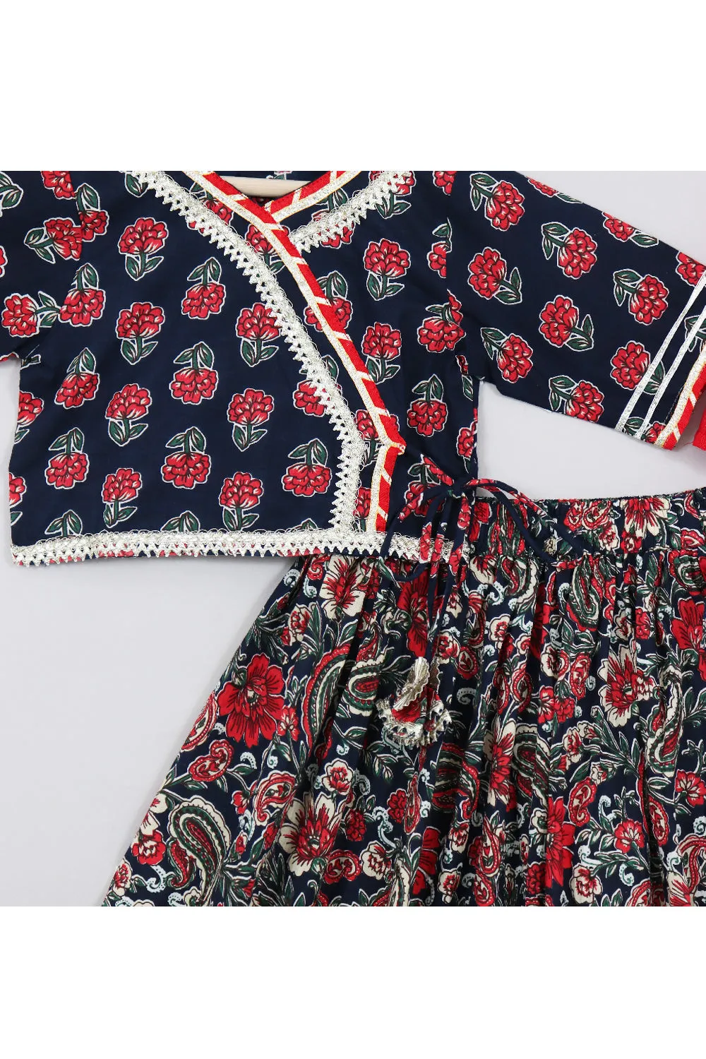 Navy Blue Floral Printed And Lace Detailing Cotton Top With Lehenga Set