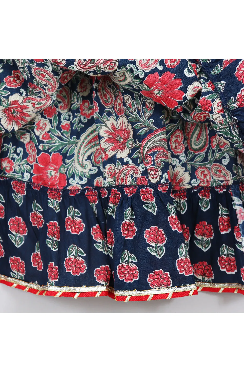 Navy Blue Floral Printed And Lace Detailing Cotton Top With Lehenga Set