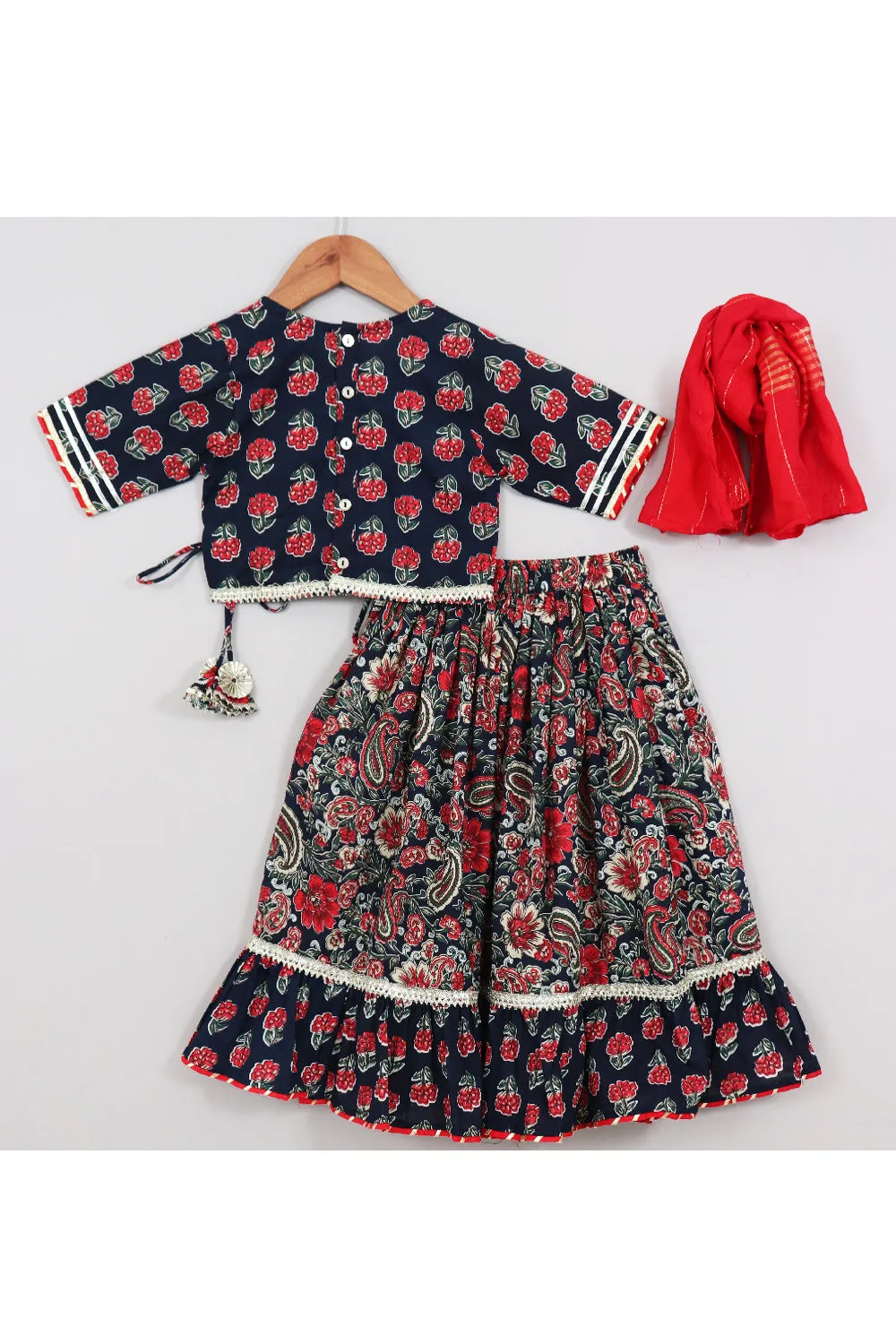 Navy Blue Floral Printed And Lace Detailing Cotton Top With Lehenga Set