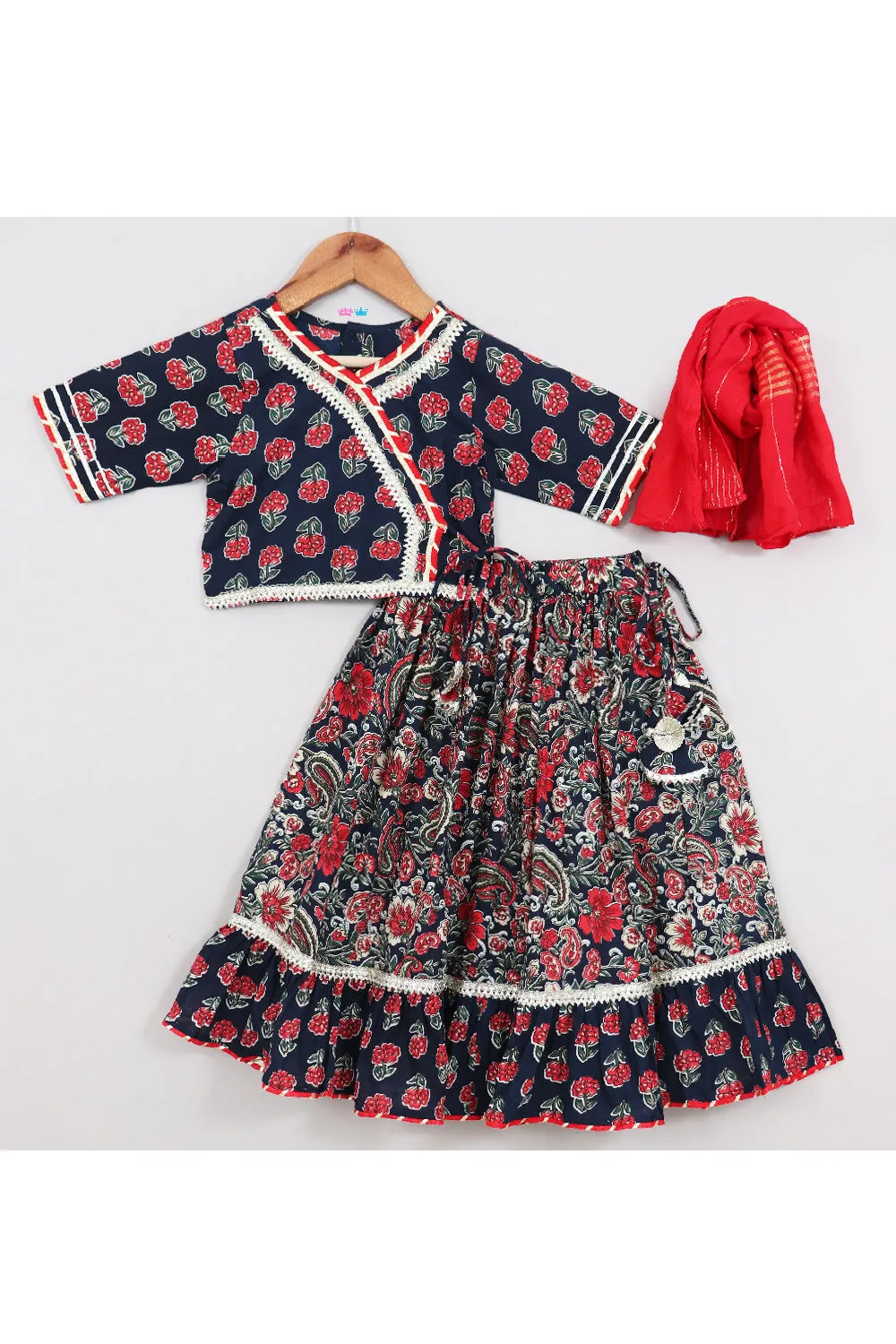 Navy Blue Floral Printed And Lace Detailing Cotton Top With Lehenga Set