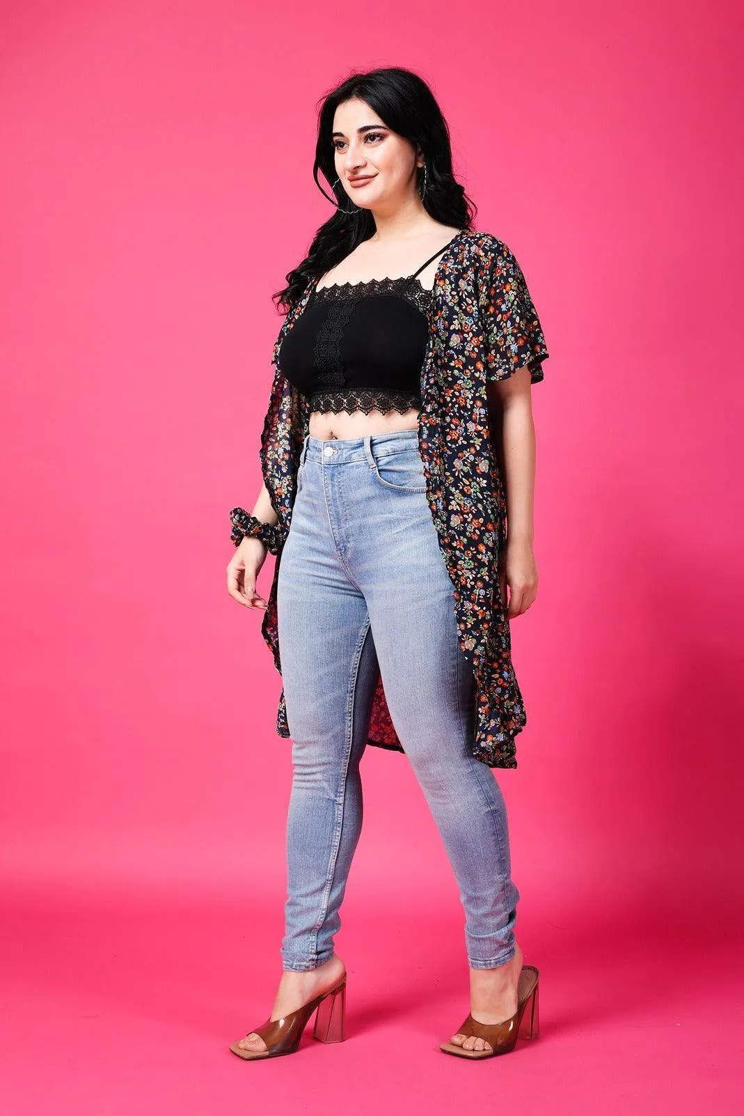 Navy Blue Floral Printed Shrug