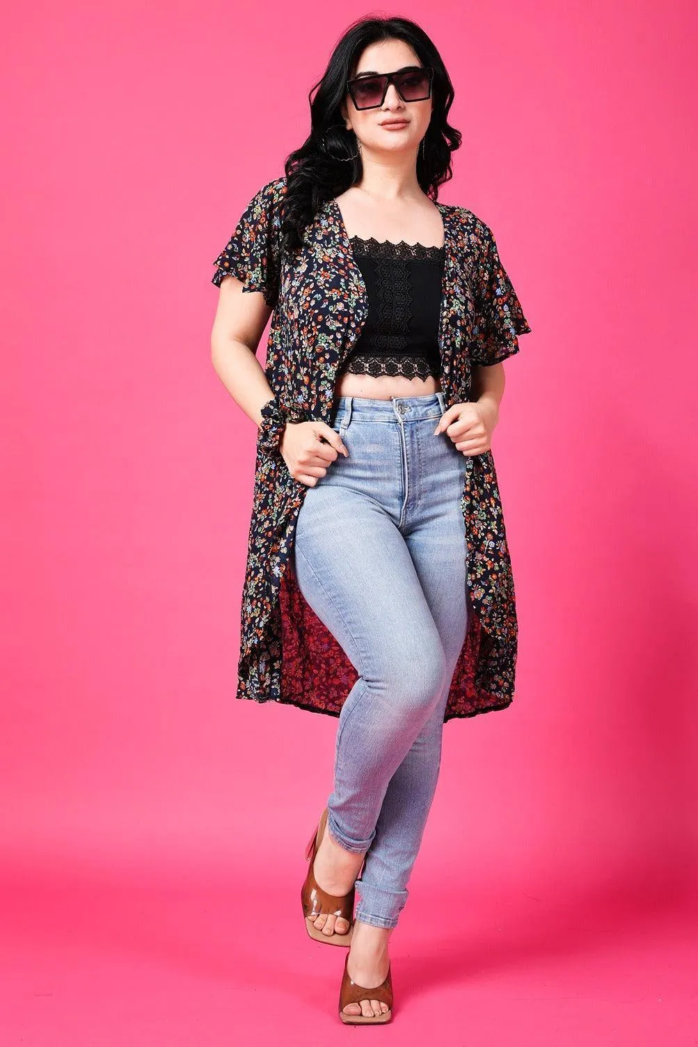 Navy Blue Floral Printed Shrug