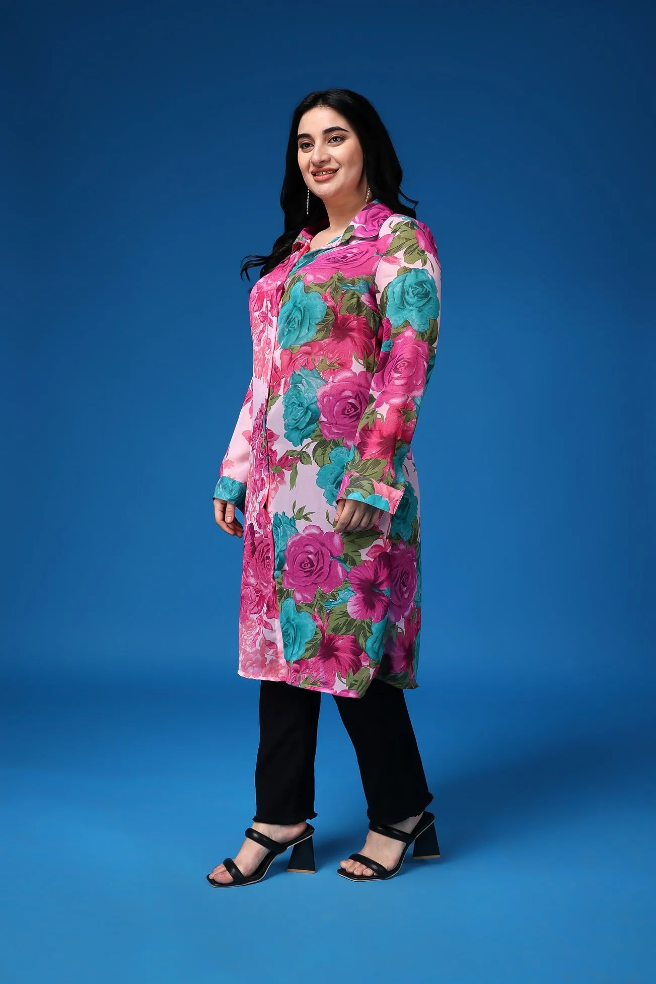 Pink Floral Printed Buttoned Tunic