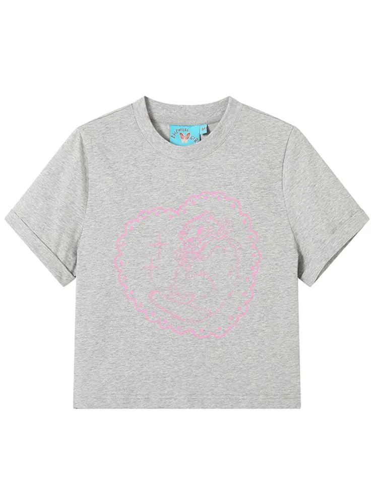 Pink Love Cat Pattern Printed Short Sleeve T-Shirt【s0000008855】