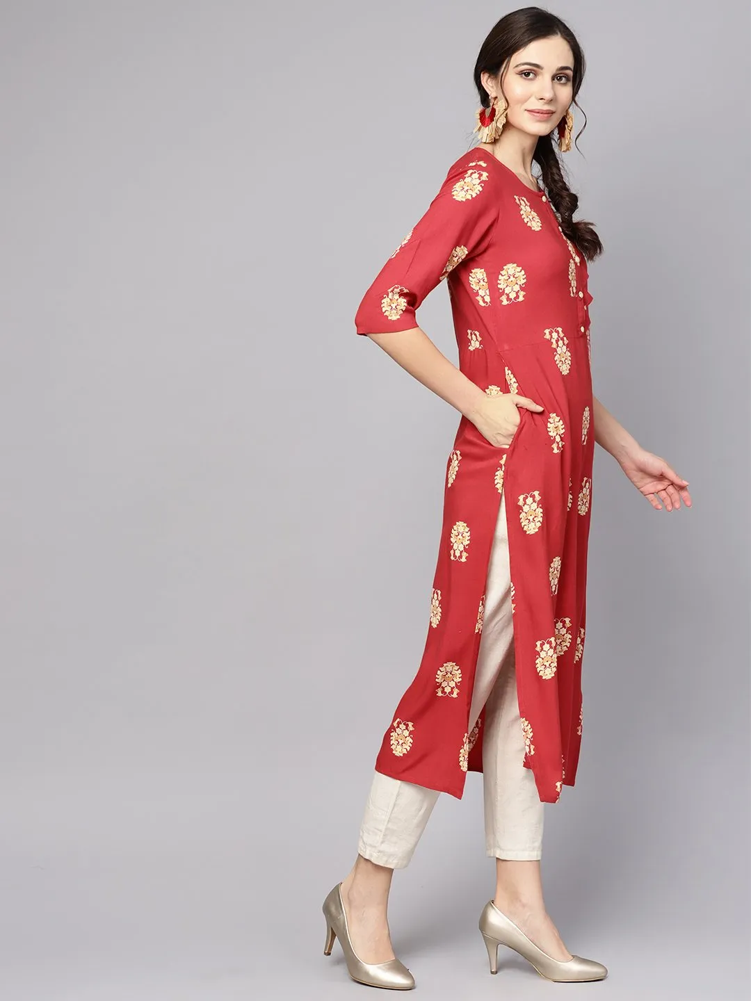 Red Printed Short Sleeve Rayon Straight Kurta