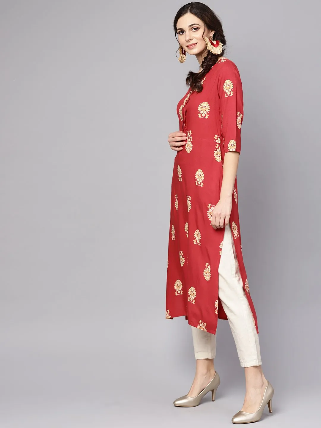 Red Printed Short Sleeve Rayon Straight Kurta