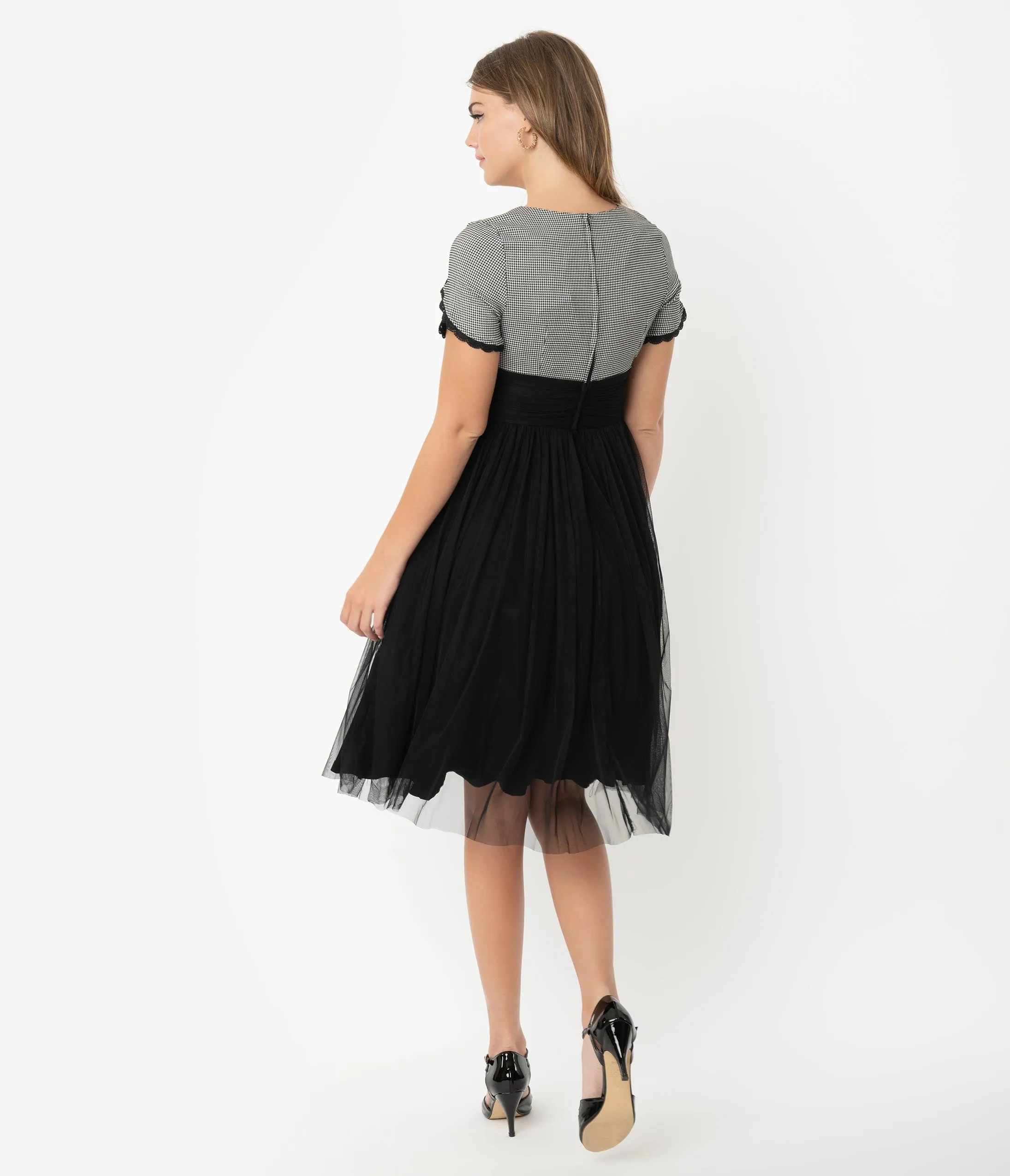 Retro Style Houndstooth & Black Mesh Short Sleeve Cocktail Dress
