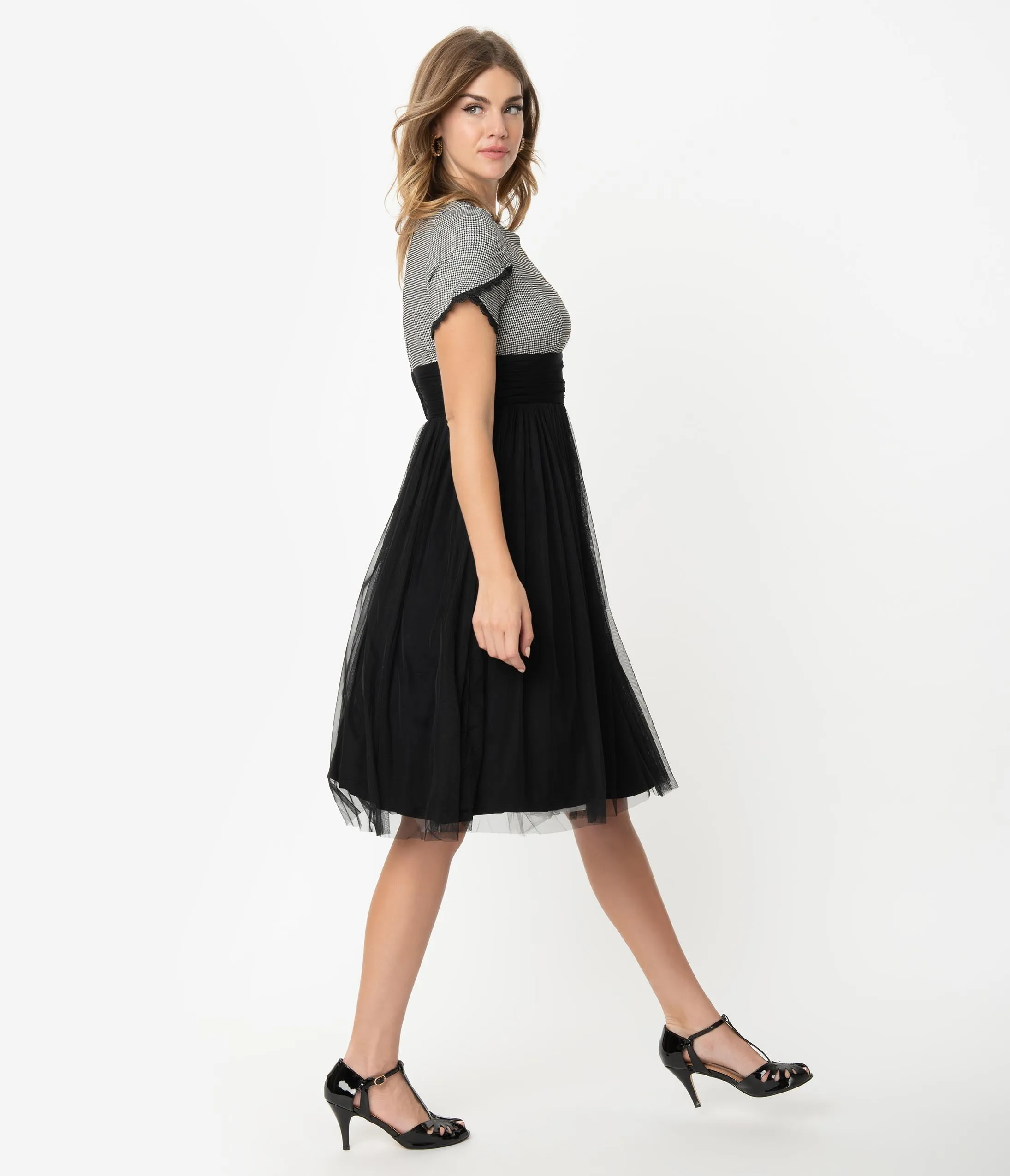 Retro Style Houndstooth & Black Mesh Short Sleeve Cocktail Dress