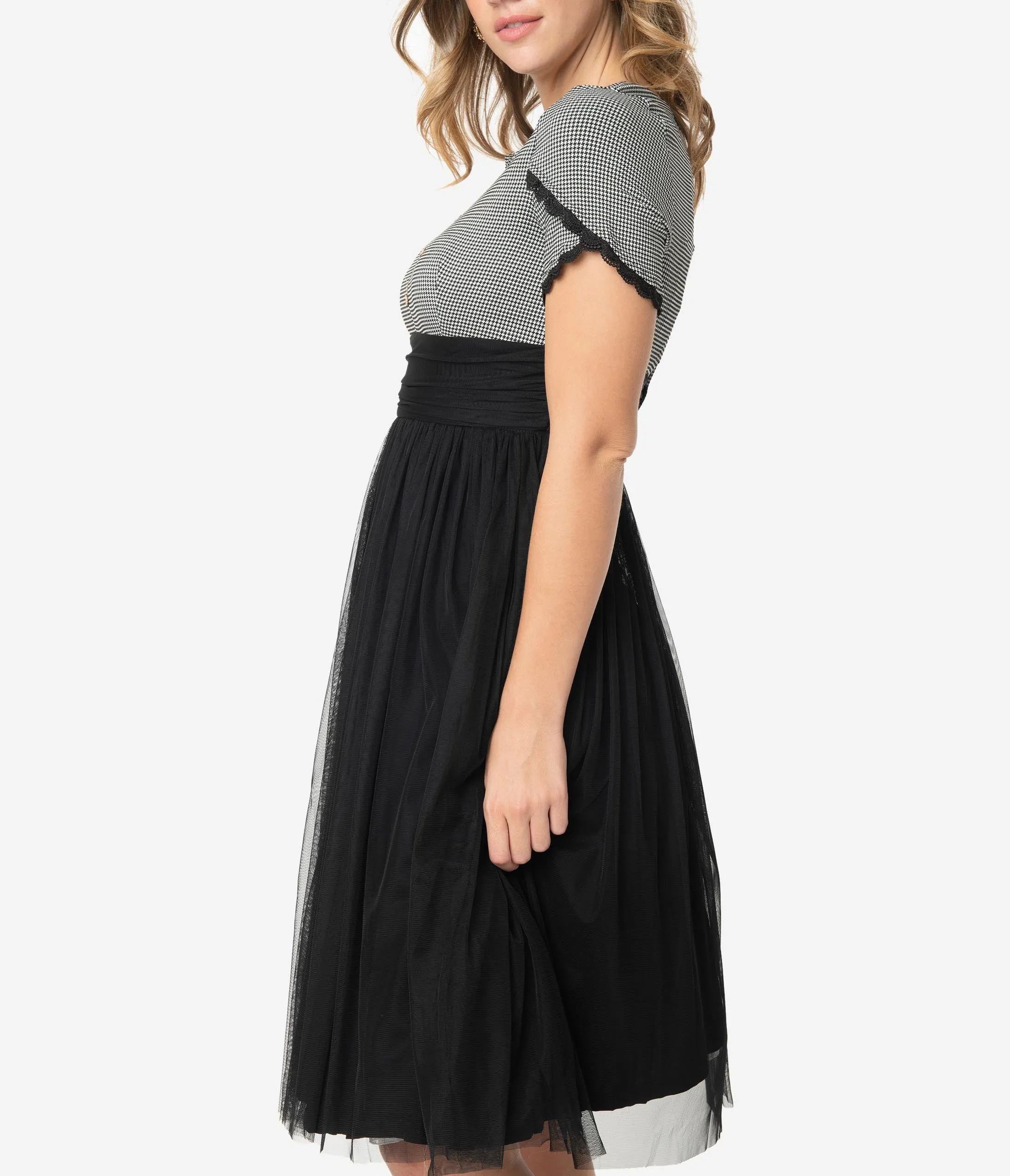 Retro Style Houndstooth & Black Mesh Short Sleeve Cocktail Dress
