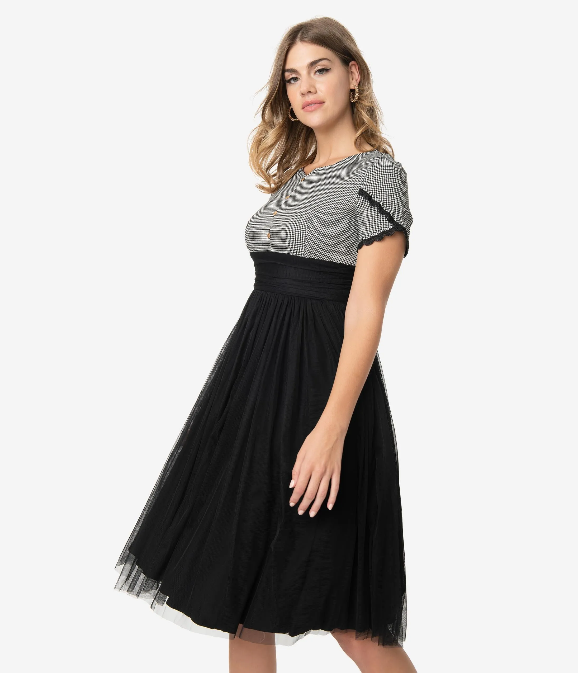 Retro Style Houndstooth & Black Mesh Short Sleeve Cocktail Dress