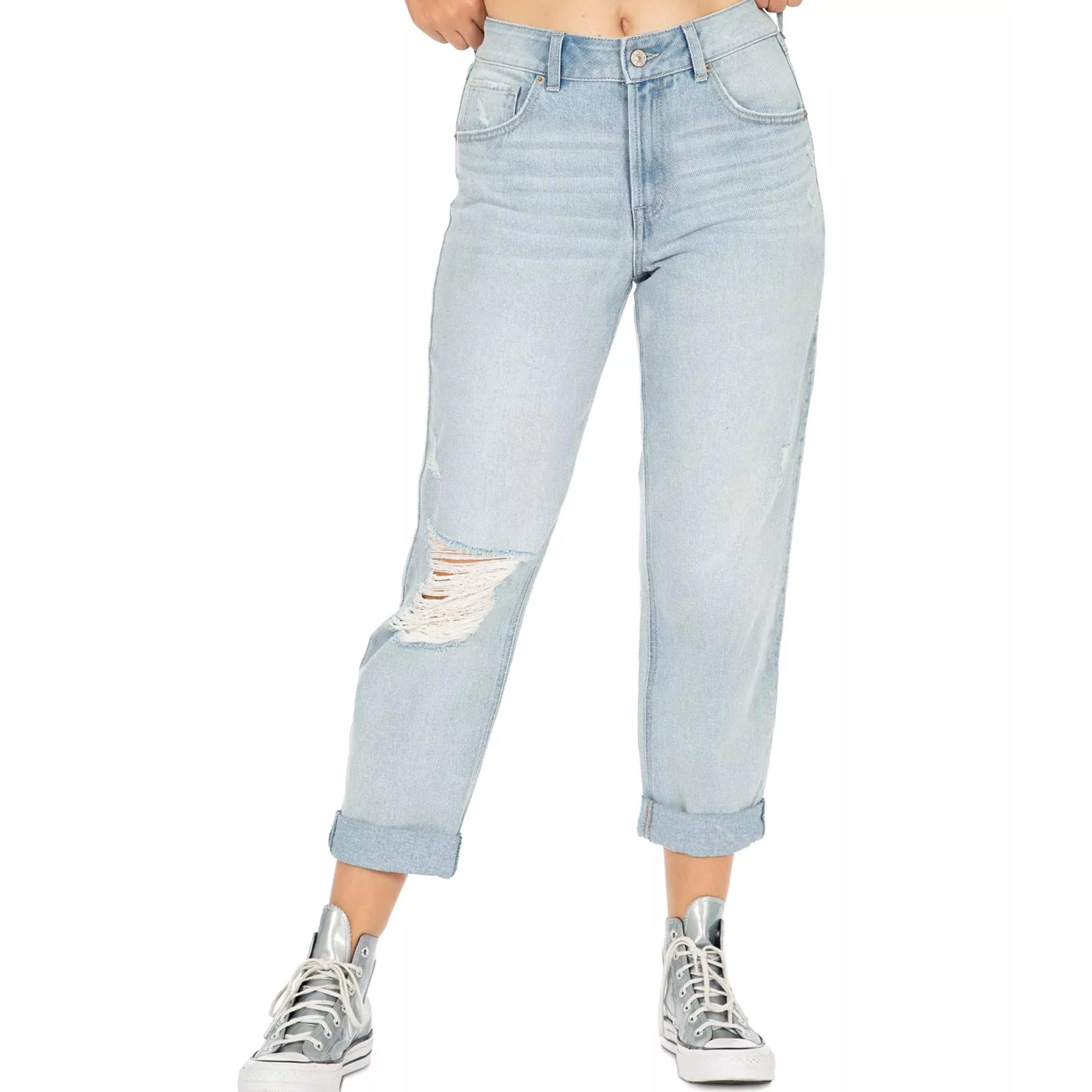 REWASH -  Deconstructed High Rise Roll Cuff Dad Jeans