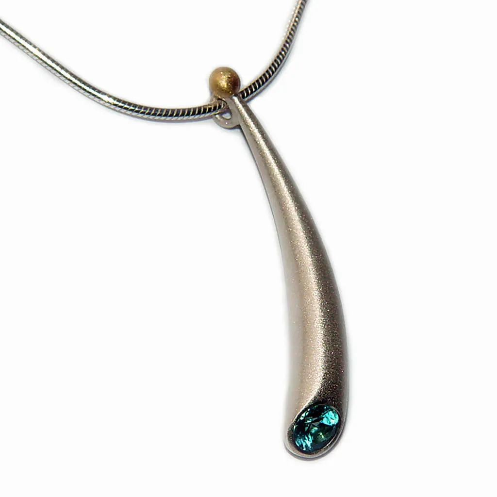 Short curved silver wiggly pendant with blue topaz & 18ct gold bead